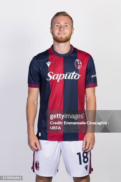 Tommaso Pobega of Bologna FC poses for a portrait during the UEFA Champions League 2024/25 Portrait Session on August 28, 2024 in Bologna, Italy.