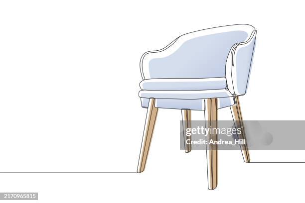 single line drawing of a mid-century modern chair with editable stroke, copy space and color elements - upholstered furniture stock illustrations
