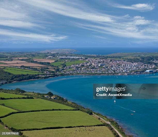aerial view of agricultural fields and bay, cornwall - padstow stock pictures, royalty-free photos & images