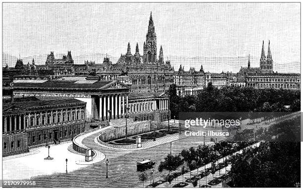 antique illustration: parliament building, vienna - the austrian parliament building stock illustrations