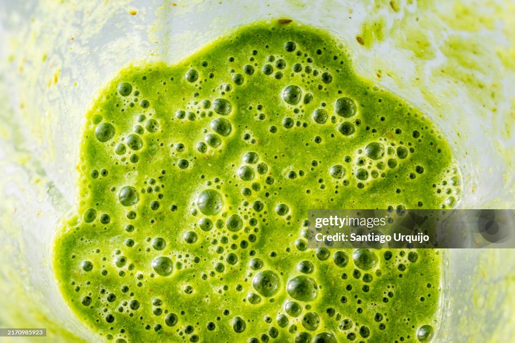 Green spinach smoothie on a blender
