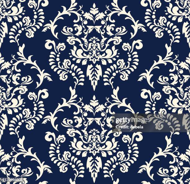 navy blue victorian damask luxury decorative fabric pattern - navy blue stock illustrations