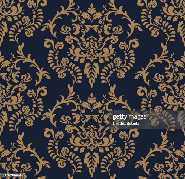 navy blue gold victorian damask luxury decorative fabric pattern - damask background stock illustrations