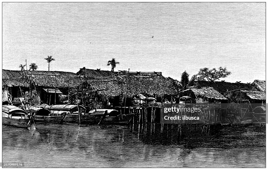 Antique Illustration: Houses on the river Mekong