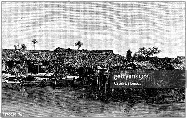 antique illustration: houses on the river mekong - laos culture stock illustrations