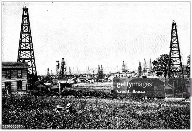 antique illustration: oil region, pennsylvania - oil well stock illustrations