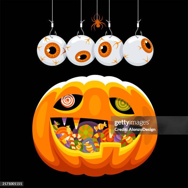 halloween pumpkin with candies and sweets. - wrong package stock illustrations