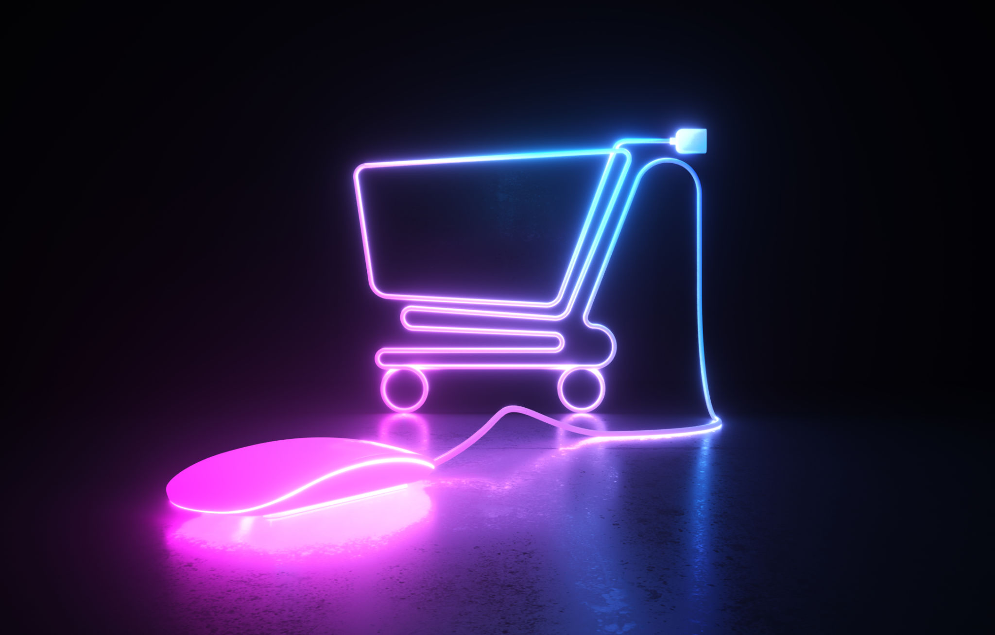 Neon Shopping Cart Symbol And Computer Mouse On Black Background Neon Shopping Cart Symbol And Computer Mouse On Black Background