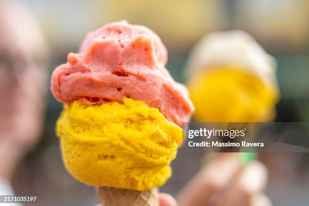 mango and strawberry ice cream - ice cream waffle bowls stock pictures, royalty-free photos & images