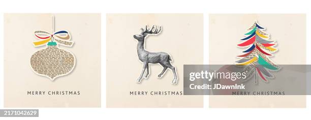 collage style christmas greetings ornament, deer and tree made of abstract shapes on newspaper and watercolor textures on textured background - watercolor christams stock illustrations