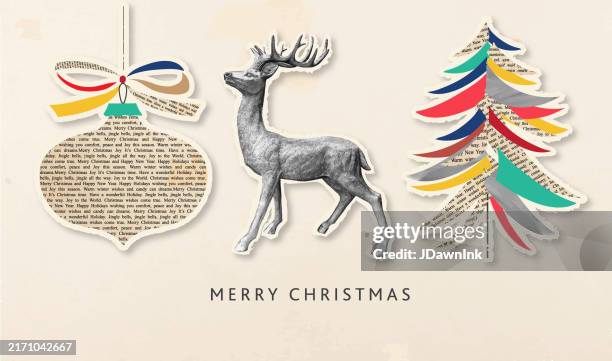 ilustraciones, imágenes clip art, dibujos animados e iconos de stock de adorno de felicitación navideña estilo collage, ciervo y árbol hecho de formas abstractas sobre papel de periódico y texturas de acuarela sobre fondo texturizado - montaje imagen compuesta