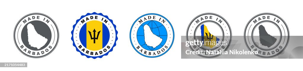 Made in Barbados label set, product emblem on white isolated background.