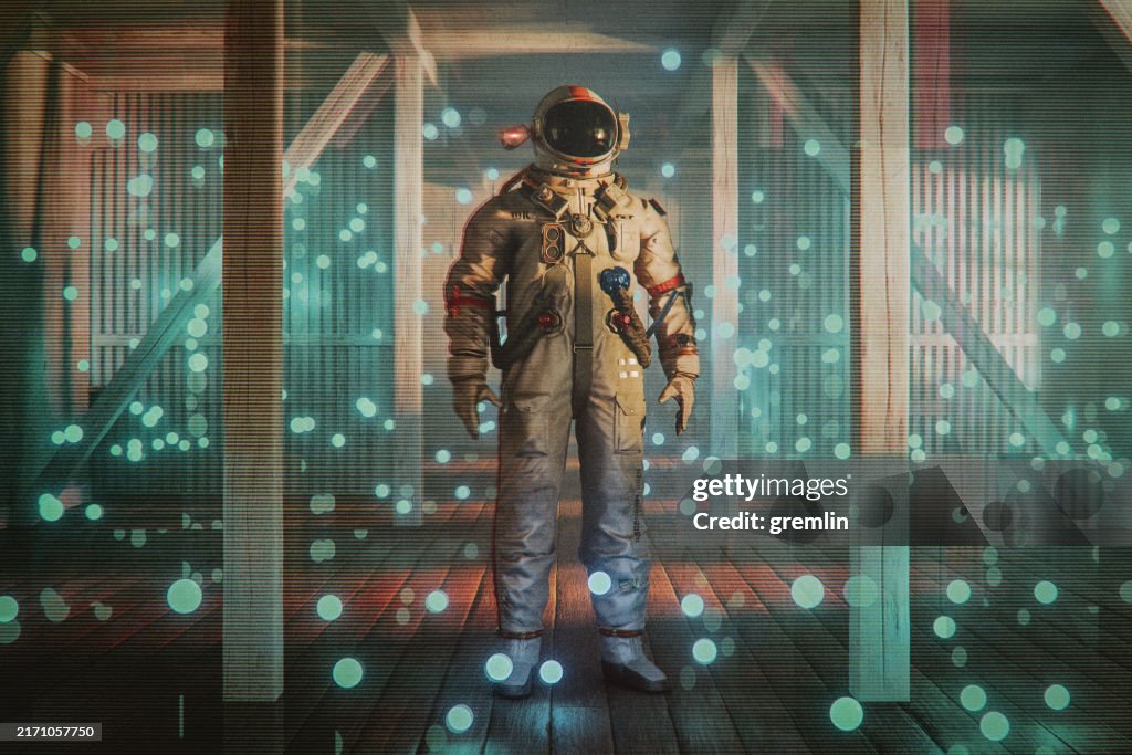 Cosmonaut standing in old rural house
