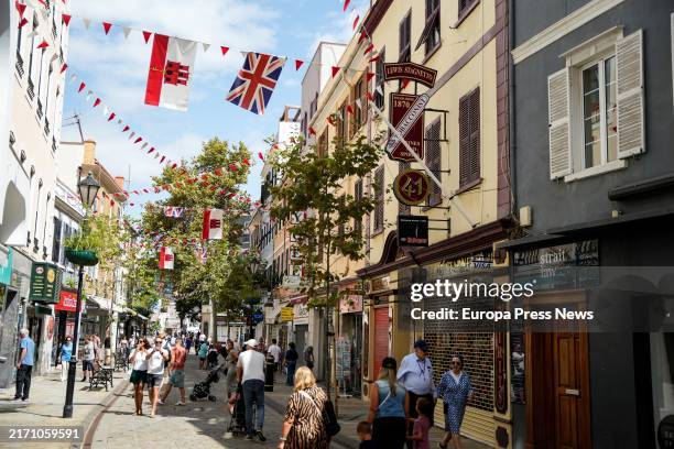 Detail of Main Street on the day before National Day in Gibraltar, September 9, 2024 in Gibraltar. Gibraltar Day, celebrated annually on September...