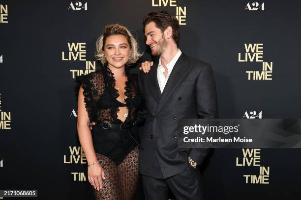 Florence Pugh and Andrew Garfield attend A24's "We Live in Time" New York Screening at Crosby Street Hotel on September 09, 2024 in New York City.