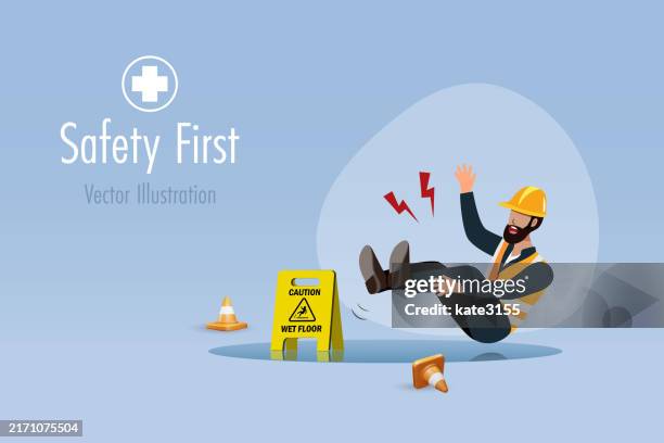 construction worker slip and fall on wet floor. safety first, accident caution at construction site. vector. - drop down stock illustrations