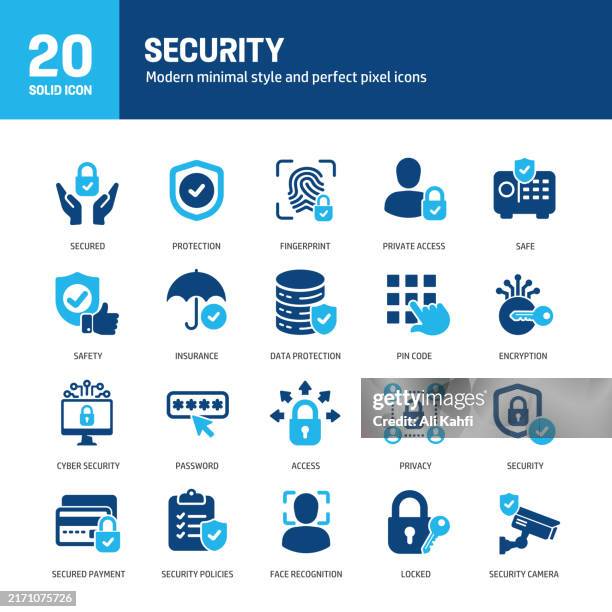 ilustraciones, imágenes clip art, dibujos animados e iconos de stock de iconos sólidos de glifo de seguridad. contiene protección, acceso, privacidad, seguridad cibernética colección de iconos sólidos. ilustración vectorial. para diseño de sitios web, logotipos, aplicaciones, plantillas, interfaz de usuario, etc. - seguridad de redes