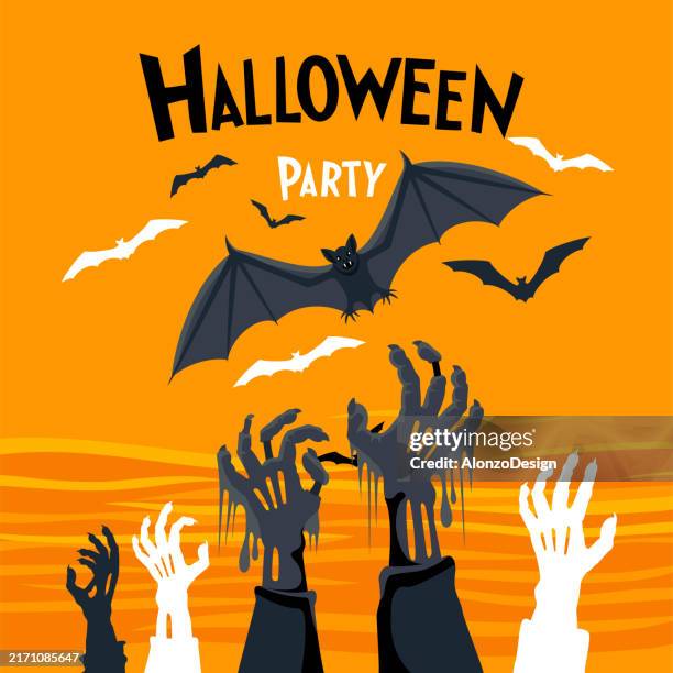 halloween poster template with zombie hands and flying bats. - horror movie stock illustrations