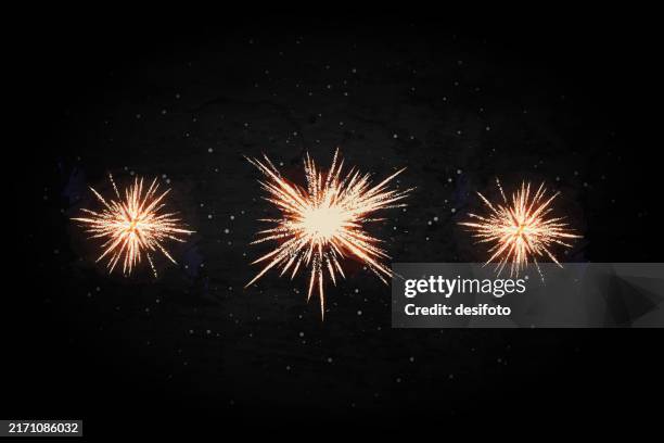 metallic golden beige brown colored three simultaneous fire works sparkling explosions over shining midnight black colour starry sky like festive glowing glittering horizontal vector backgrounds for happy new year diwali celebrations greeting card, poster - sprinkling stock illustrations