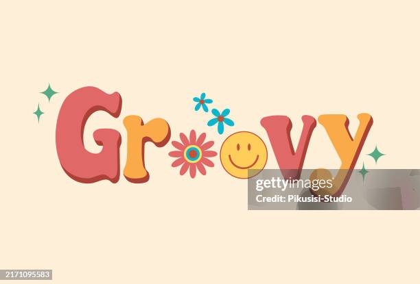 hand lettering groovy in 1960s style, hippie retro style - good vibes background stock illustrations