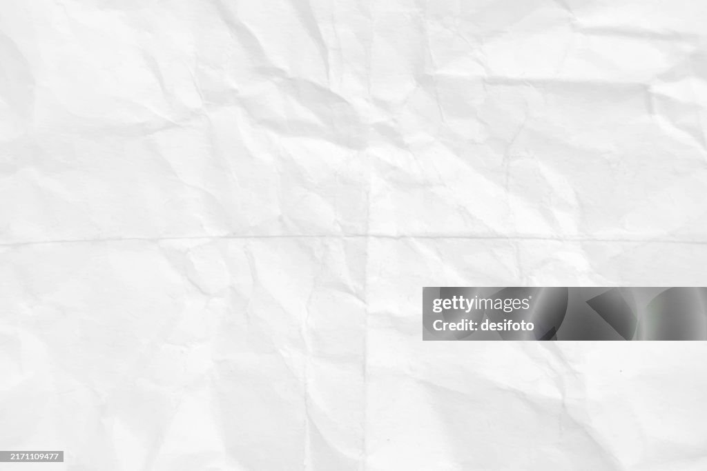 Weiß gefärbt, zerknittert, zerknittert, zerknittert, geteiltes, getrenntes Papier, das durch subtile Falten oder Knicke in zwei Hälften gefaltet ist, horizontale Vektorhintergründe mit ungleichmäßigen Falten überall, wie eine einfache, leere, leere