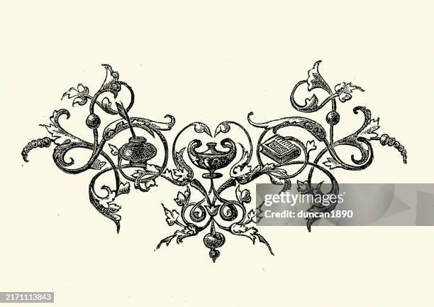 ornate victorian design element, swill floral pattern, quill pen and ink pot, book - quill pen stock illustrations