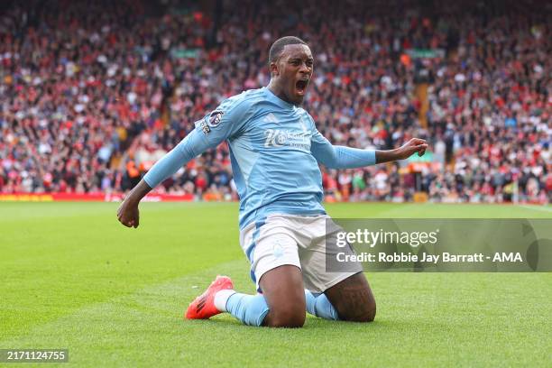Callum Hudson-Odoi of Nottingham Forest celebrates after scoring a goal to make it 0-1 during the Premier League match between Liverpool FC and...