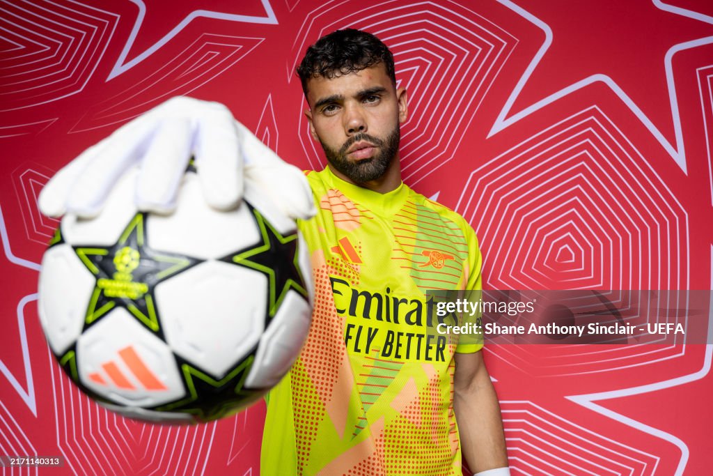 David Raya Smiling David Raya of Arsenal poses for a portrait during the Arsenal FC ...