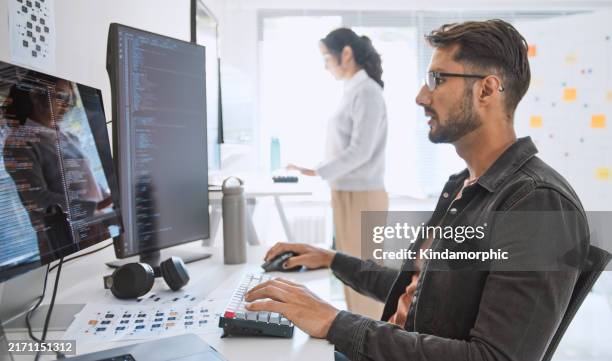 hispanic latin american couple, software engineer developer use computer, work on program coding together at home office. programming language development technology, freelance job concept - software development stock pictures, royalty-free photos & images