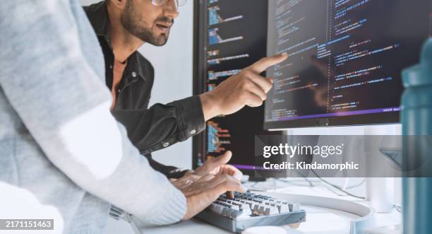 hispanic latin american couple, software engineer developer use computer, work on program coding together at home office. programming language development technology, freelance job concept. close up - web designer imagens e fotografias de stock
