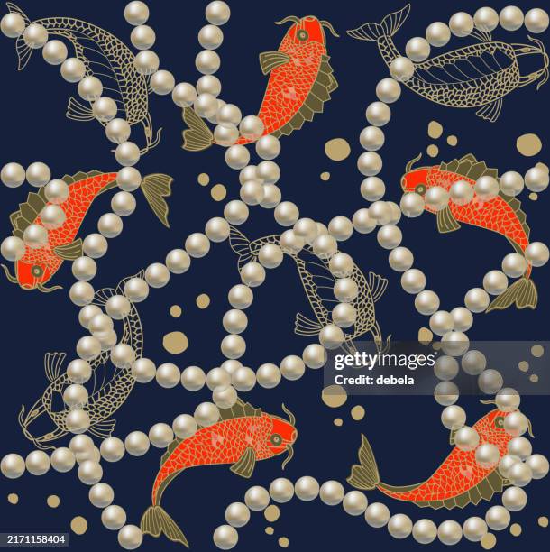 illustrations, cliparts, dessins animés et icônes de chaînes de perles sur un fond de poisson koi de luxe. - huitre-perliere