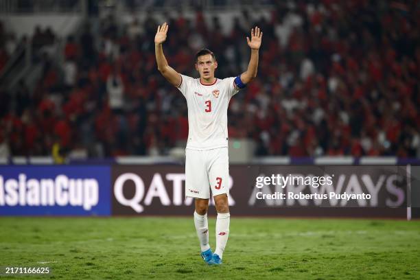 Jay Noah Idzes of Indonesia greets the spectators during the FIFA World Cup Asian 3rd Qualifier Group C match between Indonesia and Australia at...