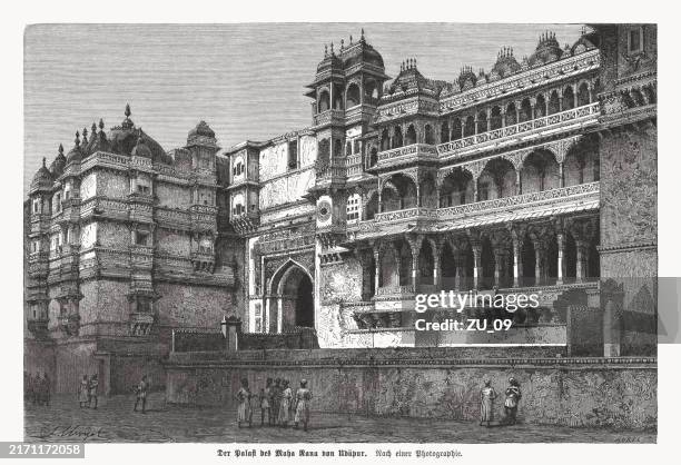 udaipur city palace in rajasthan, india, wood engraving, published 1880 - udaipur museum stock illustrations