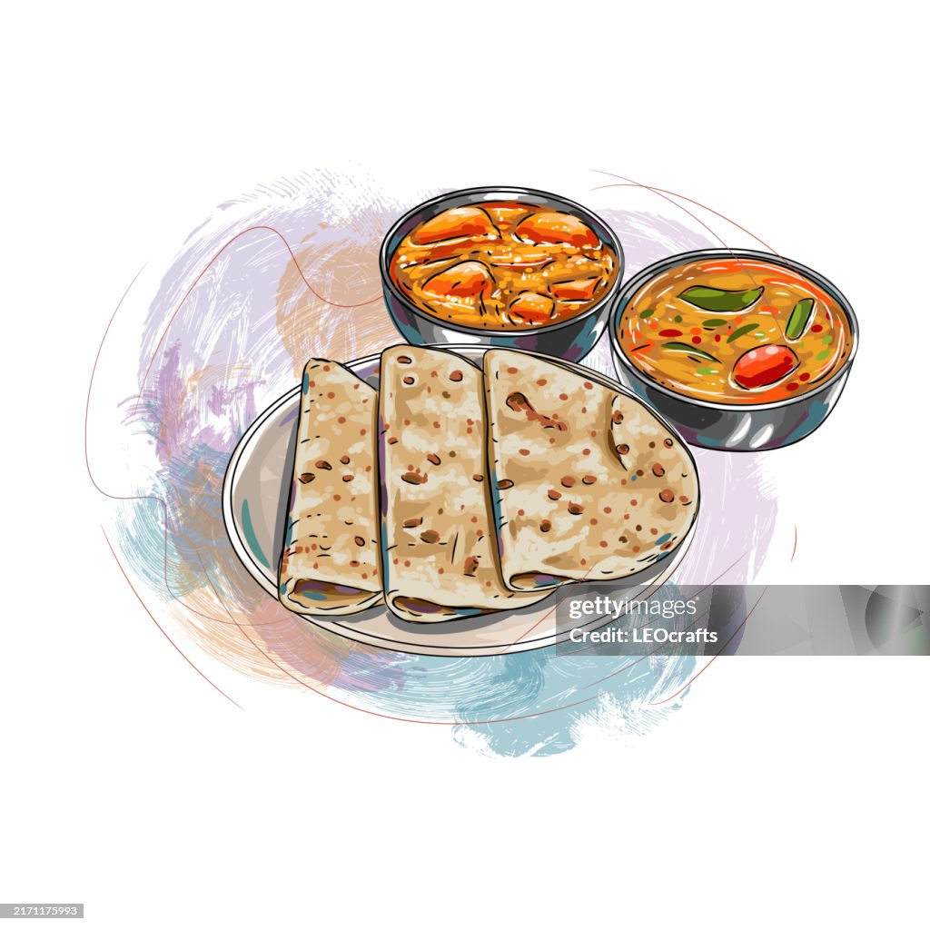 Indian breakfast or Meal Chapati Served with Curries.