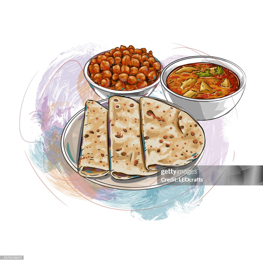 Indian breakfast or Meal Chapati Served with Curries.