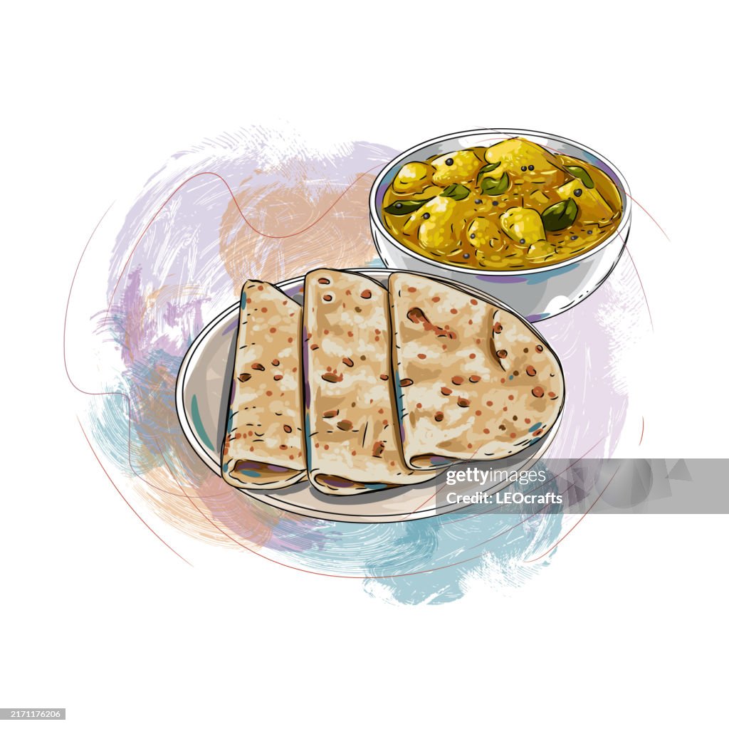 Indian breakfast or Meal Chapati Served with Curries.
