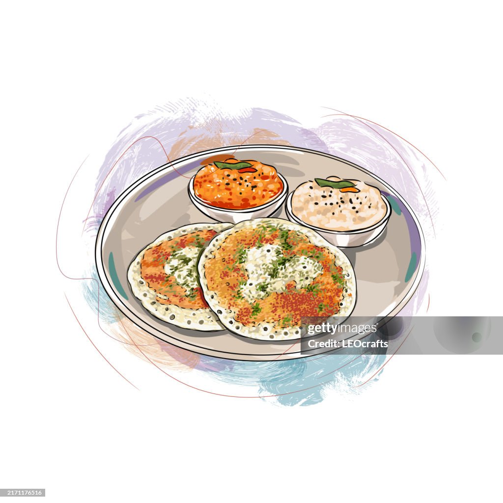 South Indian breakfast Set Dosa served with Coconut chutney and Sambar