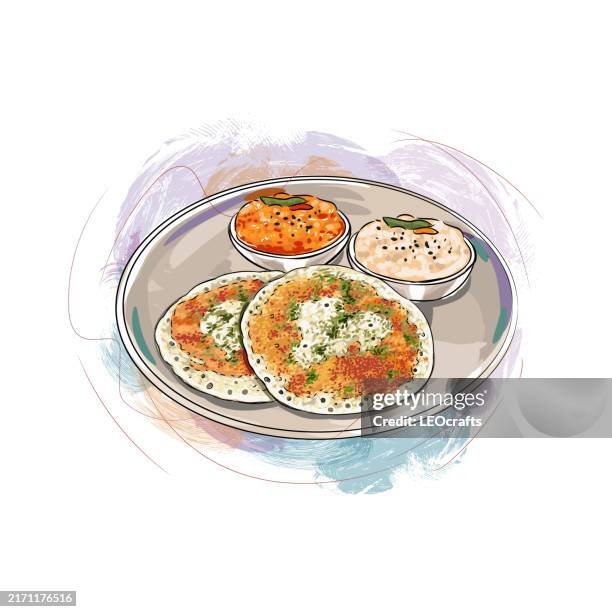 south indian breakfast set dosa served with coconut chutney and sambar - set dosa stock illustrations