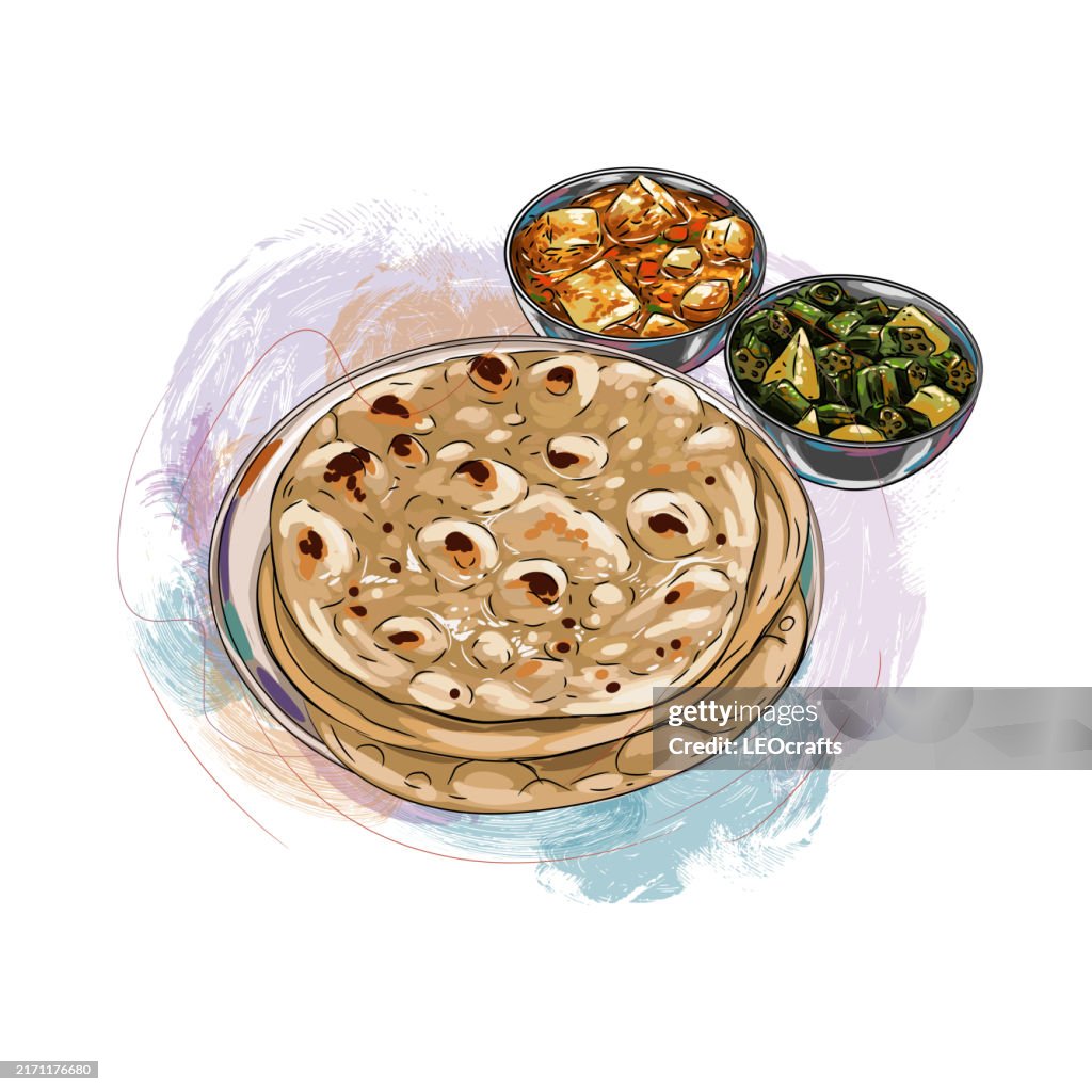 Indian Meal Tandoori Roti, Served with different types of Curries.