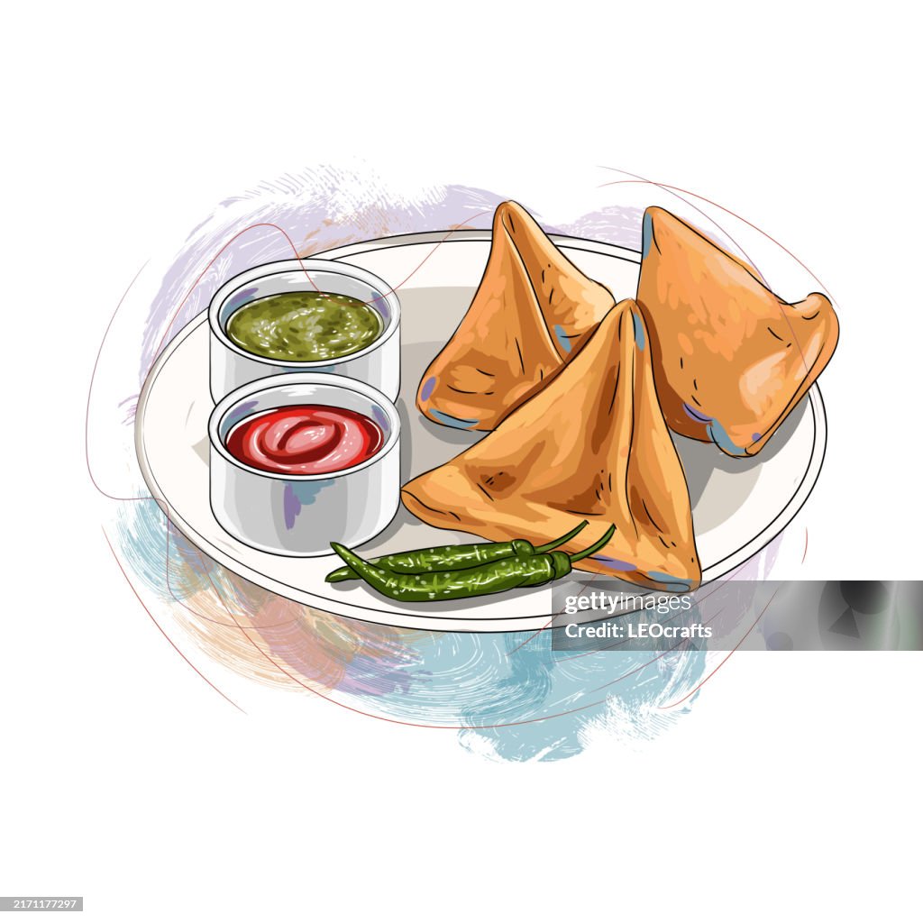 Indian Snack or Breakfast Samosa, served with Chutney.