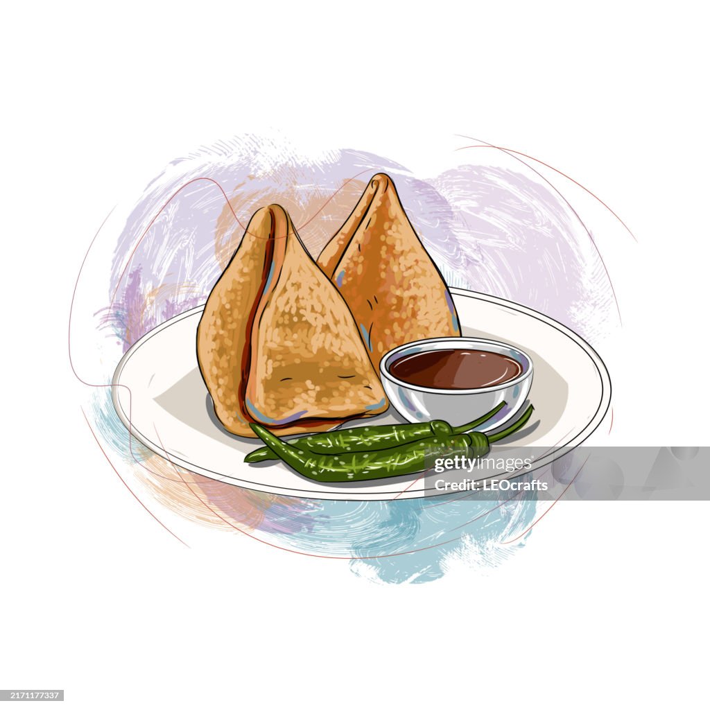 Indian Snack or Breakfast Samosa, served with Chutney.