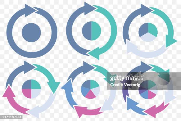 multicolored circular charts for infographics and data visualization - creative-recycle-symbol-drawing stock illustrations