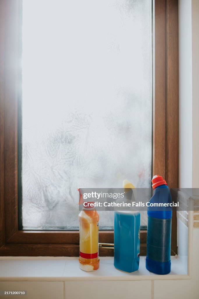Cleaning supplies arranged by a frosted window in a clean bathroom space