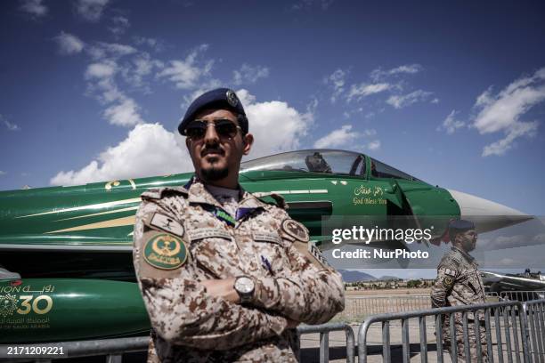 Royal Saudi Air Force pilot poses in front of an aircraft during the Athens Flying Show in Tanagra, Greece, on September 14, 2024.