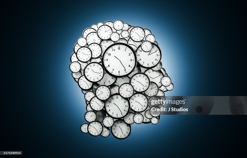 Head shape made of clocks