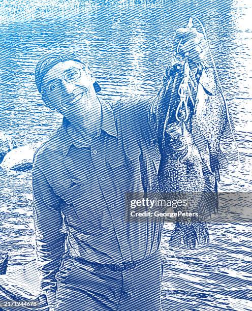 fisherman and crappies - quetico provincial park stock illustrations