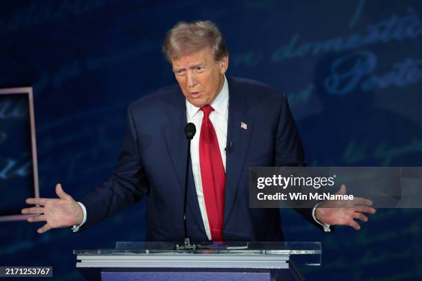 Republican presidential nominee, former U.S. President Donald Trump, debates Democratic presidential nominee, U.S. Vice President Kamala Harris, for...