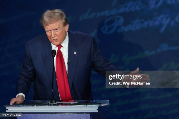 Republican presidential nominee, former U.S. President Donald Trump, debates Democratic presidential nominee, U.S. Vice President Kamala Harris, for...