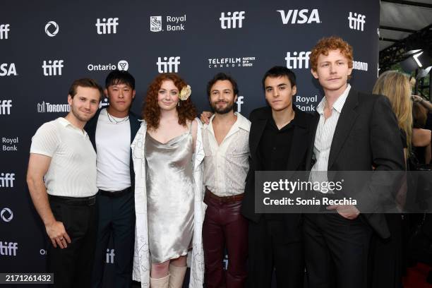 Nicholas Podany, guest, Corinne Britti, Taylor Gray, Billy Bryk and Mcabe Gregg attend the premiere of "Saturday Night" during the 2024 Toronto...