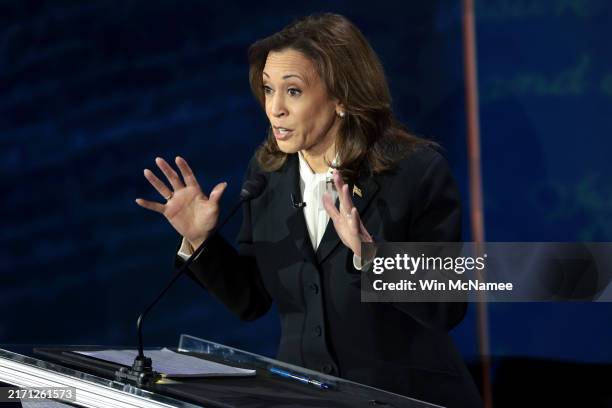 Democratic presidential nominee, U.S. Vice President Kamala Harris, debates Republican presidential nominee, former U.S. President Donald Trump, for...